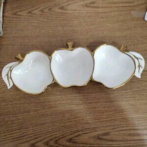 Alpine Cuisine Tripple Appel Bowls Fine Ceramic White & Gold W/ Leaf Handle.15x5